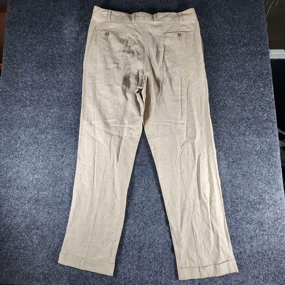 Alan Flusser Mens 38x32 Tan Linen Blend Pleated Cuffed Dress Pants Trousers - Picture 3 of 9